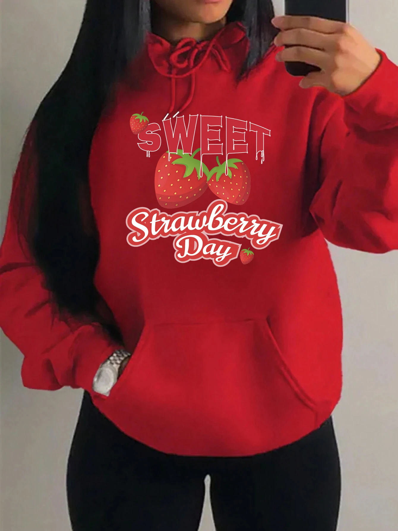 Sweet Strawberry Day Printed Hoodies Women Fashion All-Match Pullover Hip Hop Y2K Womenswear Casual Multicolor Female Hoody