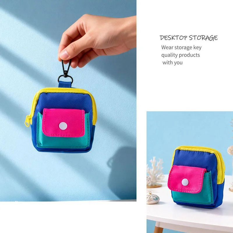 Contrast Color Mini Backpack Style Key Pouch Multi-Pocket Zipper Wallet Earphone Organizer Small Accessory Bag with Hanging Hook