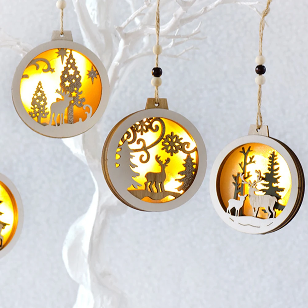 

4pcs Wooden Christmas Pendant Flash Hanging Ornament Reindeer Decorative Xmas Crafts For Home Hotel Restaurant Decoration