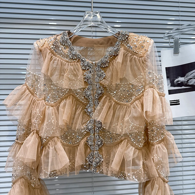 Spring Autumn New Luxury Rhinestone Beaded Sequins Ruffled Edge Mesh Short Coat Female Long Sleeve Jackets