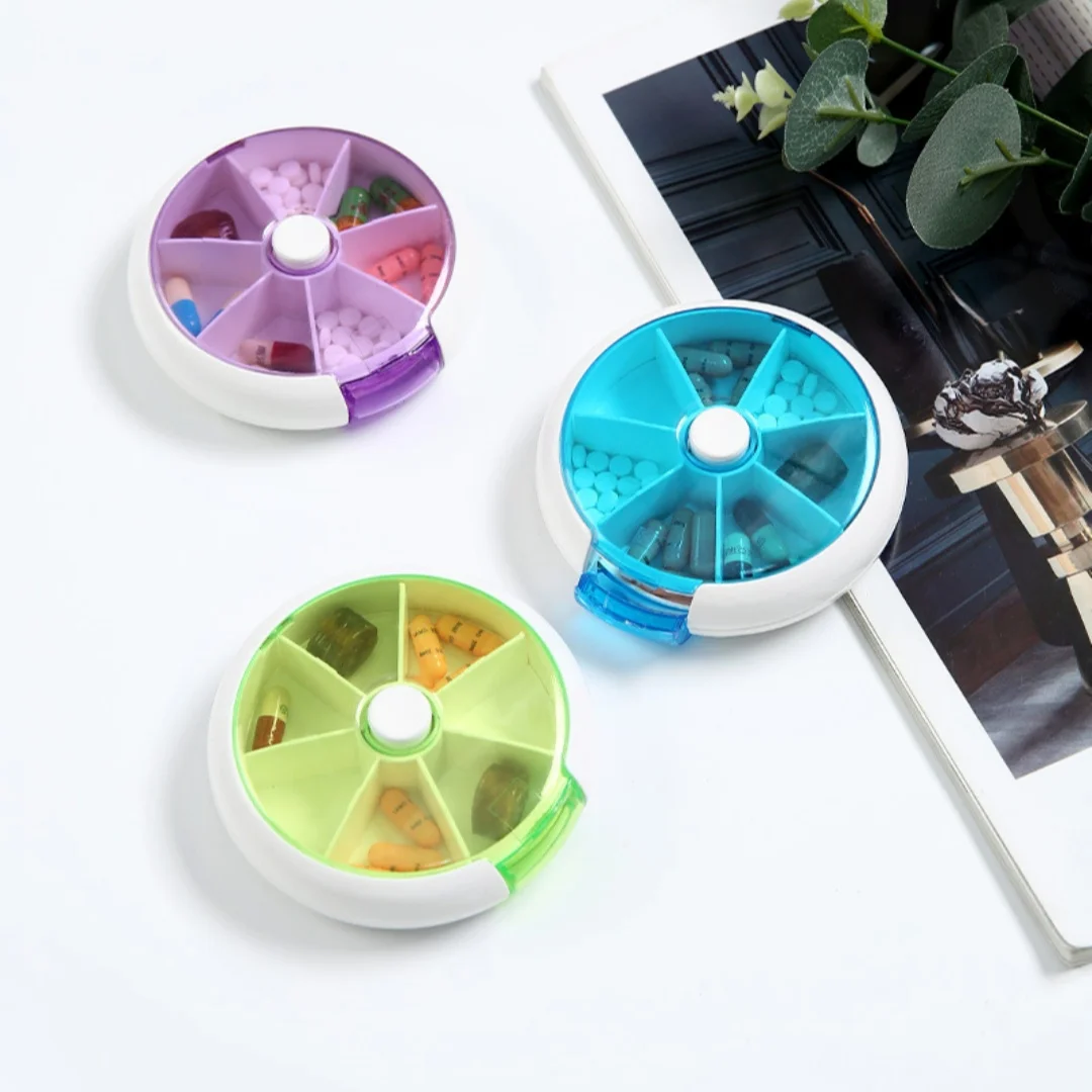 Rotating 7 Compartments Pill Organizer, Portable Transparent Round Mini Travel Weekly Waterproof Medicine Vitamin Storage Case