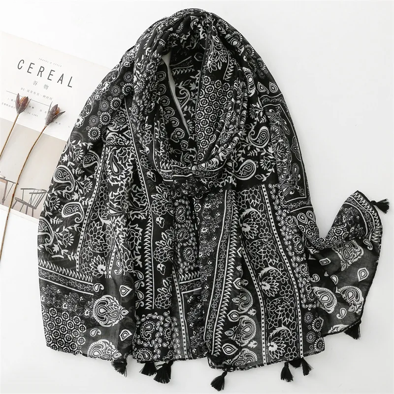 KYQIAO Luxury Brand Woman Scarf Vintage Design Long Black Printed Head Scarfs Women Muslim Hijabs Winter Women's Shawls