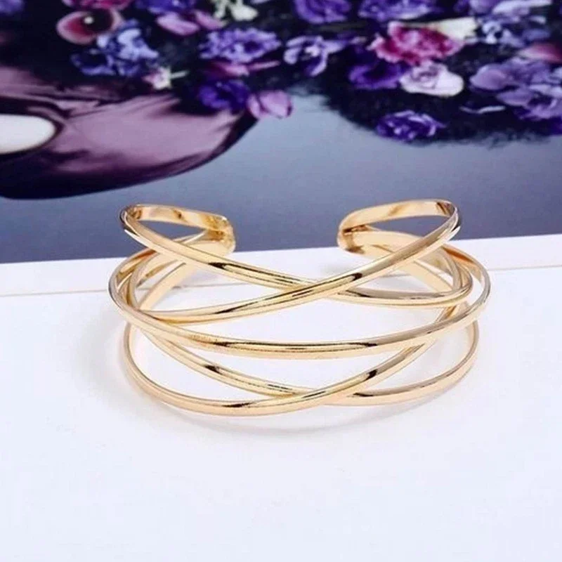 Punk Hollow Alloy Bangles for Women Gold Silver Color Cuff Bracelet Open Adjustable Arm Bracelets 2024 Summer Fashion Jewelry image 4