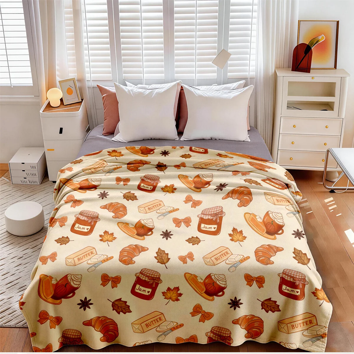 Autumn Fall Throw Blanket Farmhouse Cozy Decor Jam Butter Pattern Fleece Blanket Seasonal Gift for Home Living Room Decor