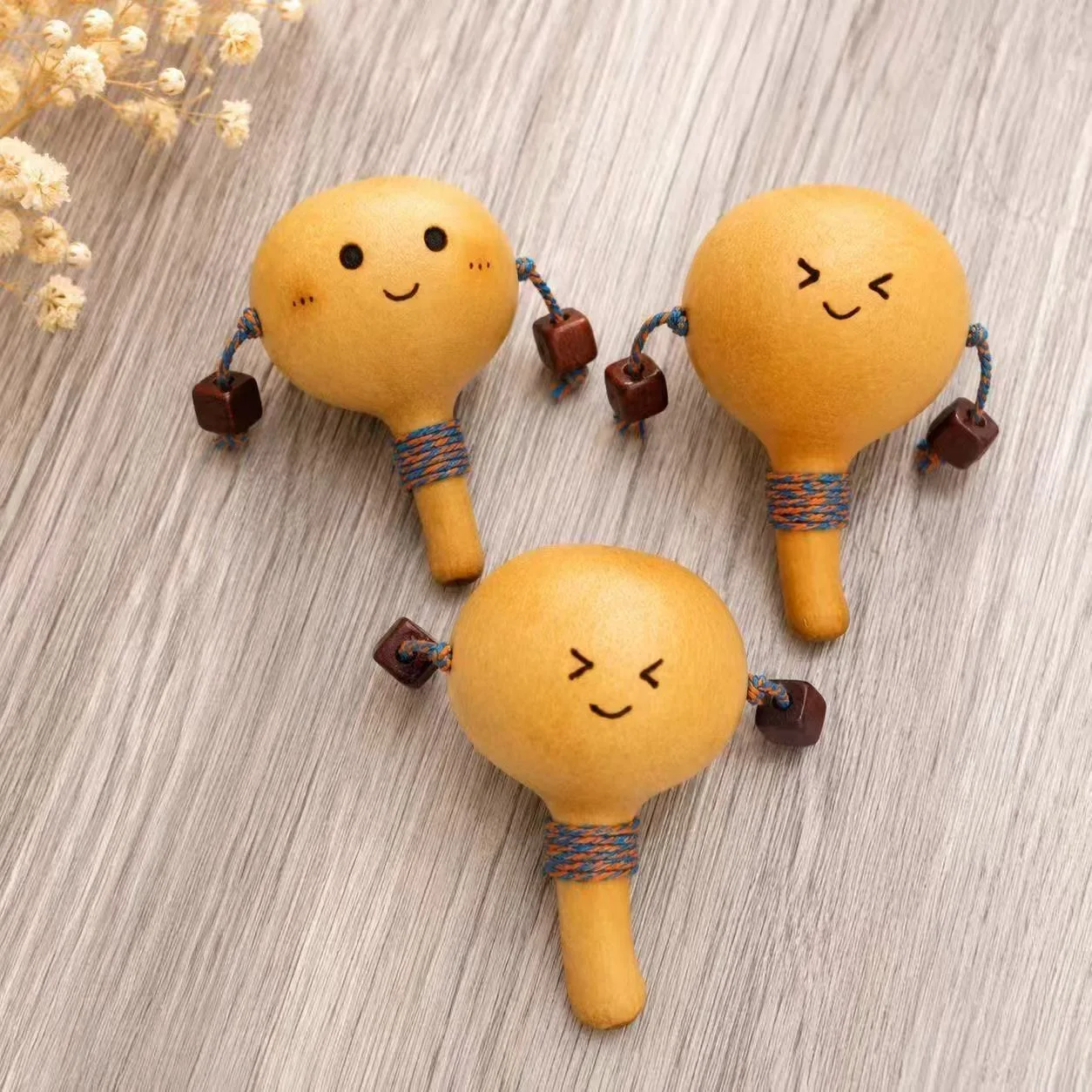 Natural Handmade Gourd Baby Rattle Toy, Cute Smiley Shaker with Wooden Beads, Rustic Nursery Gift for Newborn