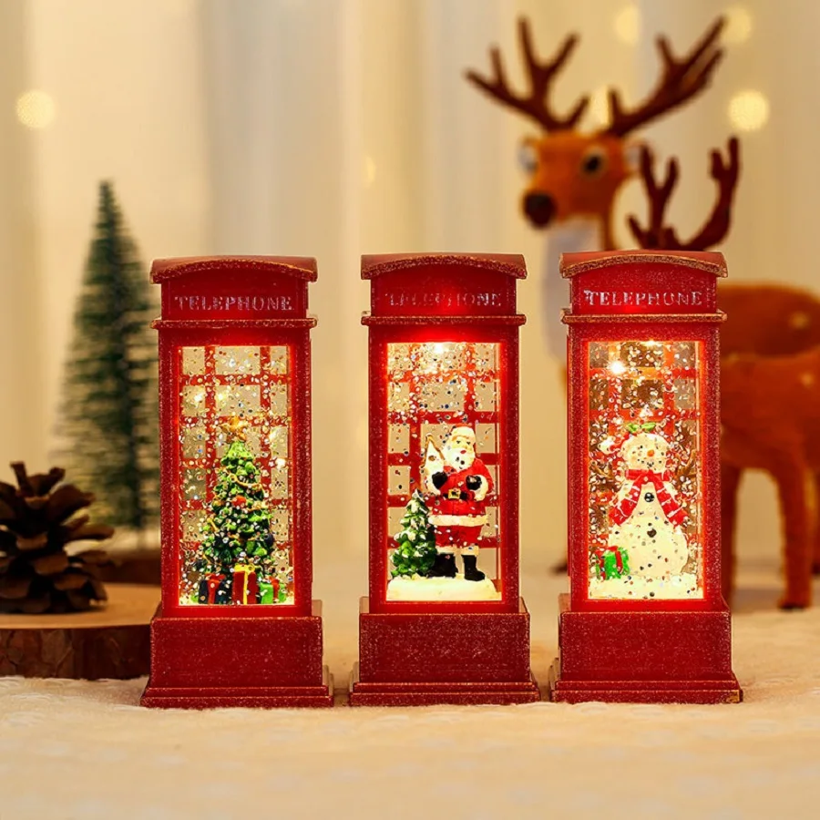 عيد الميلاد الأحمر خمر مضيئة كشك الهاتف فانوس شجرة عيد الميلاد ثلج سانتا كلوز تمثال في كشك الهاتف الديكور