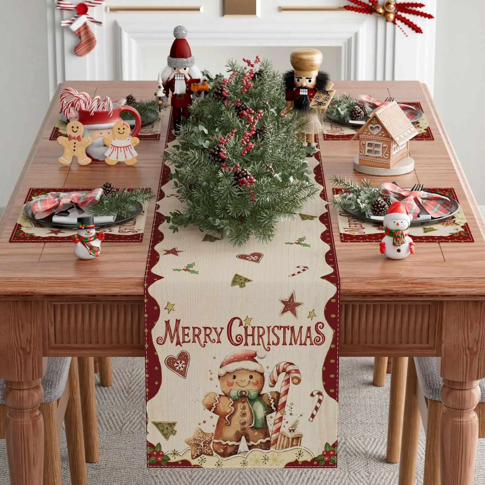 Merry Christmas Gingerbread Man Winter Xmas Table Runner Table Decoration for Home Kitchen Dining Holiday Decor