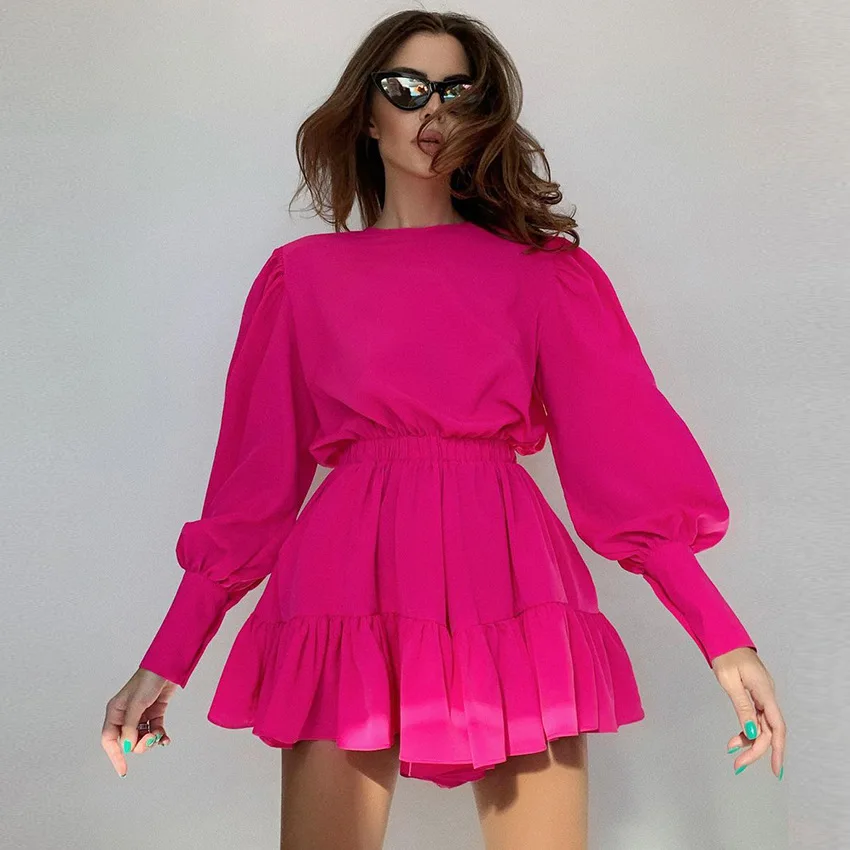 Lantern Sleeve Vintage Dress Long Sleeve O-Neck Casual Women Ruffle Dress Short Mini Pleated A-Line Frill Dress Lady Clothes