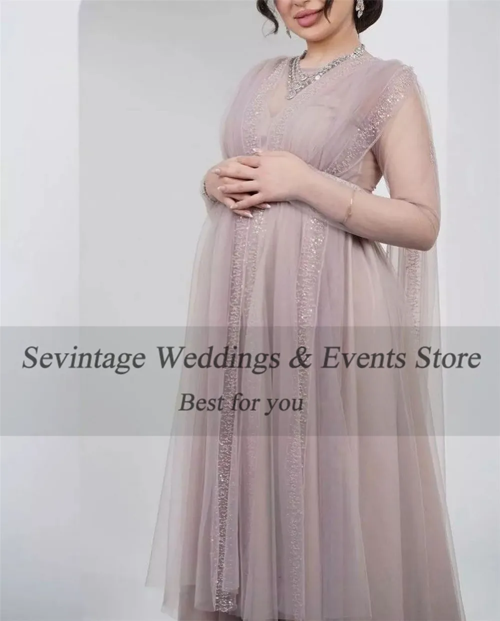 Sevintage Customized Ash Pink Maternity Prom Dress Empire Ruched Pregnant Dress Long Sleeves Plus Size Evening Party Gown