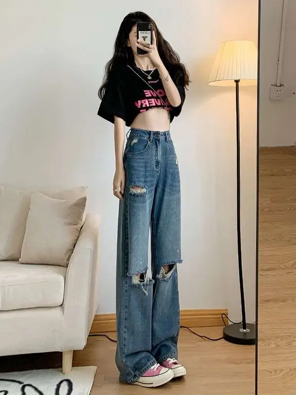 

Рваные джинсы с высокой талией в стиле ретро, женские летние рваные джинсы со средней посадкой из искусственной кожи, эластичные женские джинсовые брюки больших размеров