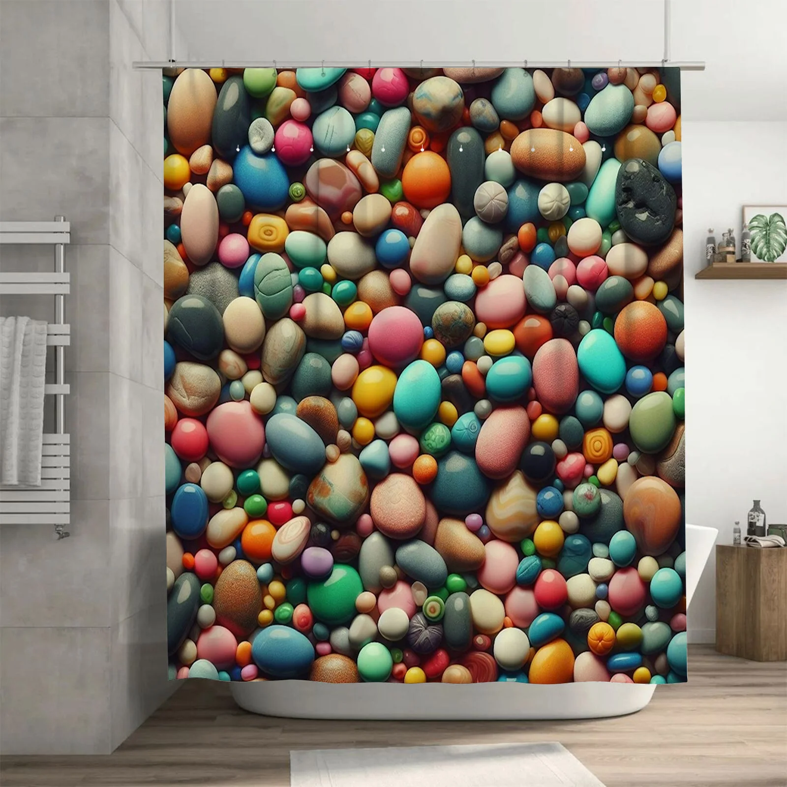 

Красочная галька, водонепроницаемая занавеска для душа — яркий современный художественный дизайн для декора ванной комнаты, идеально подходит для яркого образа