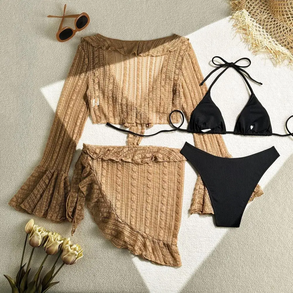 4Pcs/Set Women Swimsuit Set Halter Bra with Lace-up Briefs Suit Ruffle Trim Cover-Up Tops Skirt Set Beachwear Swimwear Outfits