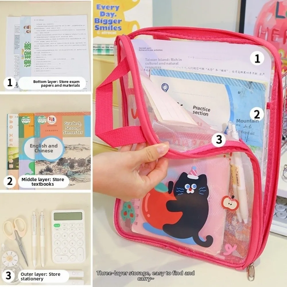 Large Capacity A4 Stationery Storage Bag Transparent Thickened Mesh Zipper Bag with Handle Stationary Bags