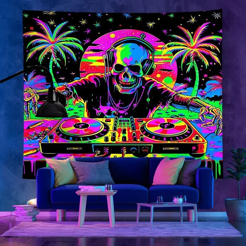 VIKAMA UV Reactive DJ Skeleton Butterfly Moon Tapestry Psychedelic Neon Hippie Glow Wall Hanging Bedroom Esports Room Decor