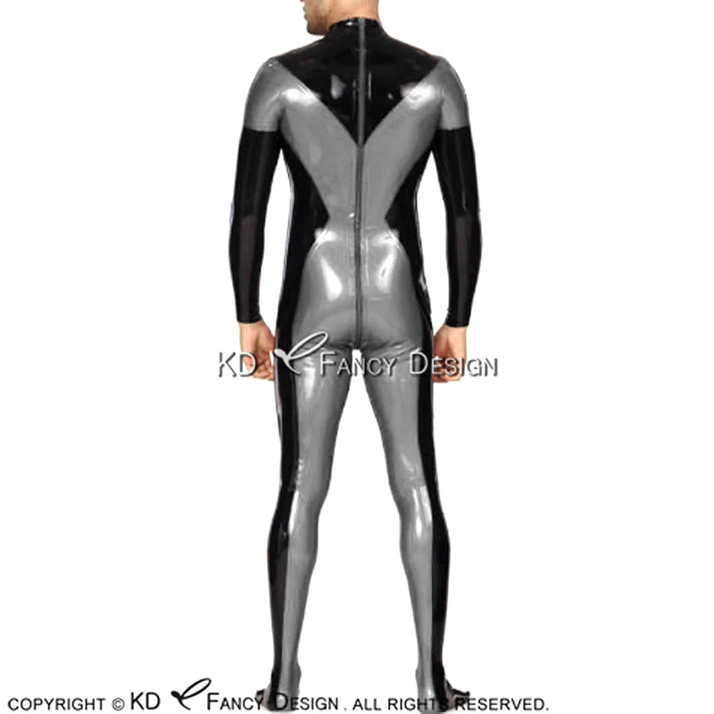 Black And Silver Sexy Latex Catsuit With Feet Socks Back To Crotch Zipper Body Shape Rubber Bodysuit Zentai Overall LTY-0178