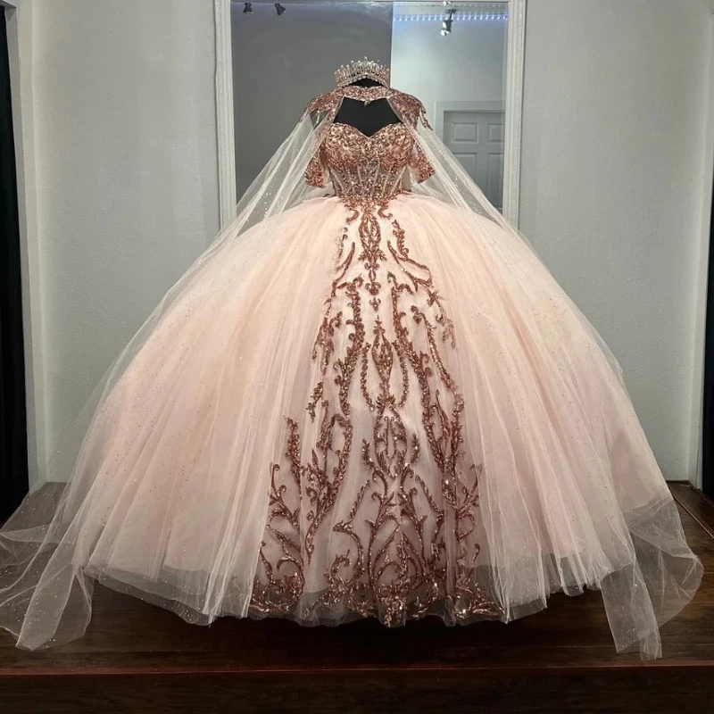 

Pink Shiny Ball Gown Quinceanera Dress With Cape Sequined Appliques Lace Tull Vestidos De 15 Años Princess Formal Occasion Gown