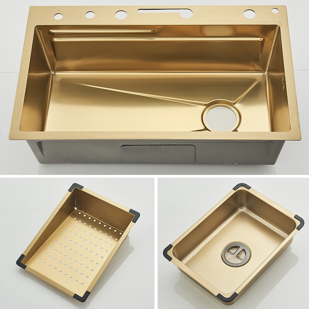 أحواض مطبخ فاخرة باللون الذهبي المصقول، فتحة واحدة كبيرة من الفولاذ المقاوم للصدأ، حوض مطبخ رقمي متكامل، شلال، صنابير المطبخ #6