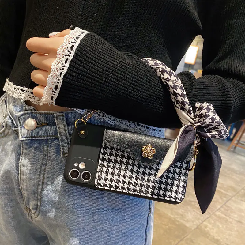 Camellia Houndstooth Card Bag Case Cover With Long Hand Chain Of Silk Scarves For iPhone 18 17 Air 16 15 14 13 12 Pro Max Plus