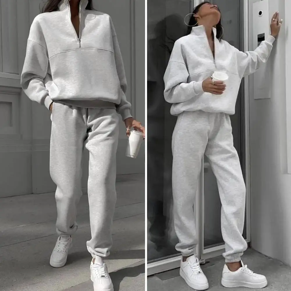 

2 Pcs/Set Women Top Pants Set Half Zipper High Collar Long Sleeve Thickened Sweatshirt Stretchy Waist Ankle-banded Trousers Spor