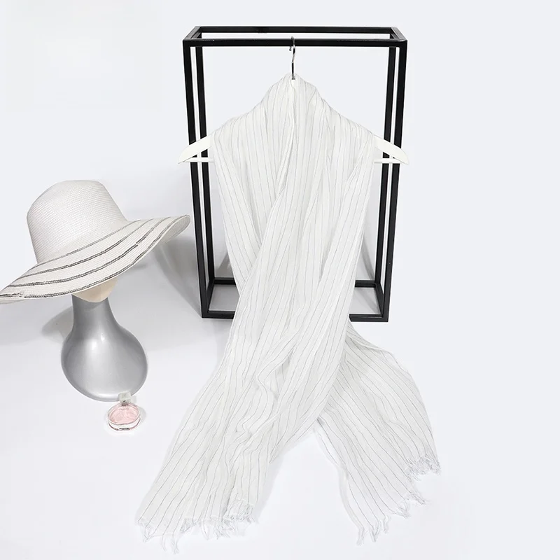 軽量シルクコットン混紡スカーフショール-男女兼用-春夏-ストライプ柄-和風-多用途-オールシーズン