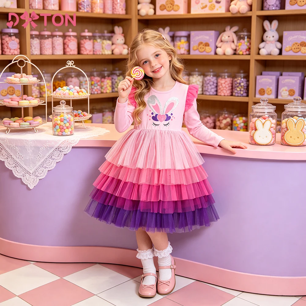 DXTON Autumn Children Outfits Toddler Girls Dresses Pink Soild Korean Kids Daily Dress Tulle Cake Layered Girls Princess Dresses