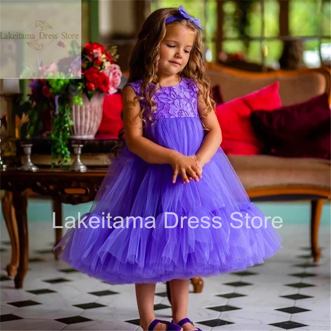 Elegant Purple Tulle Lace Printing Flower Girl Dress Princess Ball Pageant First Communion Kids Surprise Birthday Present