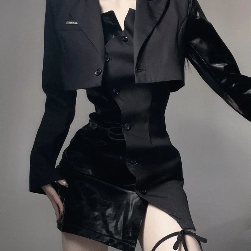 

Sexy PU Leather Blouse And Skirt Set Slimming Waist Splicing Sle Faionable Workwear for Young Women in Their 20s