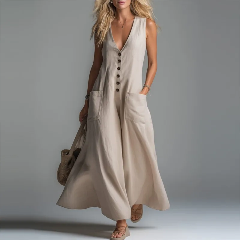 Elegant Solid Color Women's Large Hem Dress Fashion Sleeveless Button  Design Loose Dresses With Pockets Ladies Simple Vestidos - AliExpress  200000345