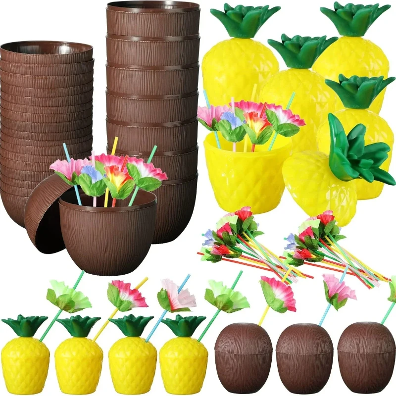 Vasos Reutilizables de PP con Diseño de Piña y Coco Hawaianos para Fiestas de Verano en la Playa o Piscina, Juego de Vasos para Bebidas Tropicales