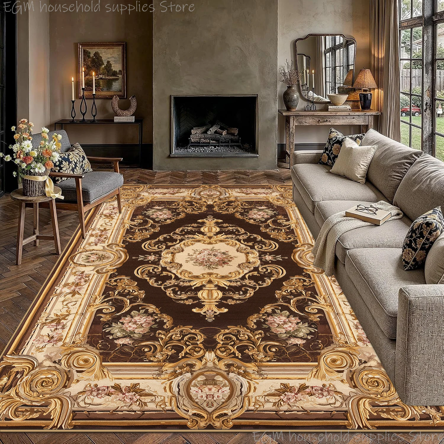 Luxury European Retro Golden Carpet for Living Room Ornate Floral Decor Bedroom Large Rug Non‑slip Washable Lounge Floor Mats