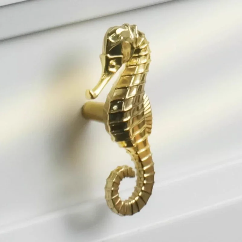 Kenop Kuningan Perlengkapan Furnitur Seri Laut Mediterania, Gagang Kabinet Kuningan Nordik Vintage, Gagang Tarik Kuningan Motif Kuda Laut