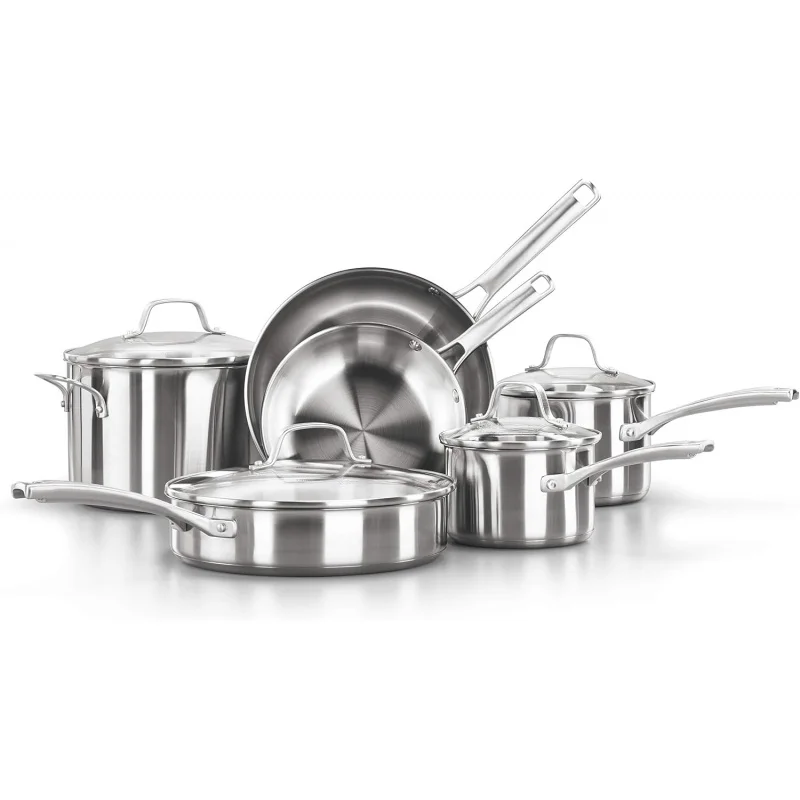 

Classic 10Pcs Stainless Steel Cookware Set, Impact-Bonded Aluminum Base Pots & Pans with Stay-Cool Handles