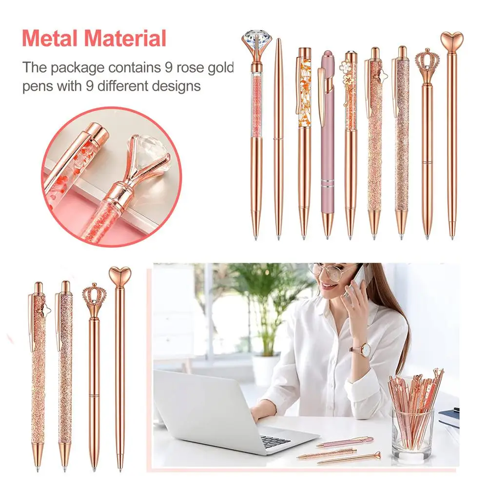 9PCS Rose Gold Metal Ballpoint Pen Set Crystal Diamond Pen Black Ink Ballpoint Pen for Women Office Glitter Pen Wedding Supplies