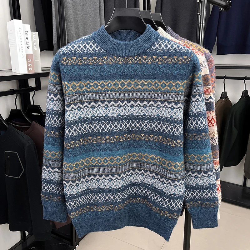 Gran oferta, novedad de invierno, Jersey grueso de cuello semialto para hombre, prendas de punto de alta calidad con bloques de Color Jacquard, ropa cálida de oficina para hombre