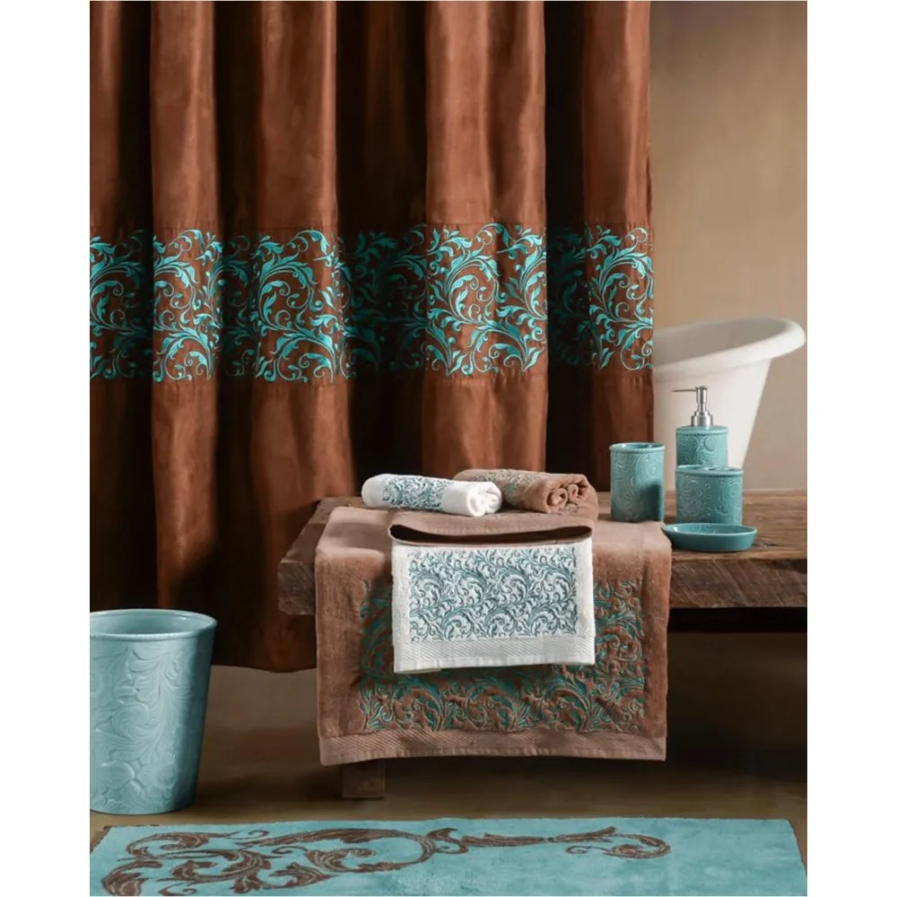 Rustic Western Fabric Shower Curtain 72x72 Brown Turquoise Swirl 12 Hooks Lodge Southwestern