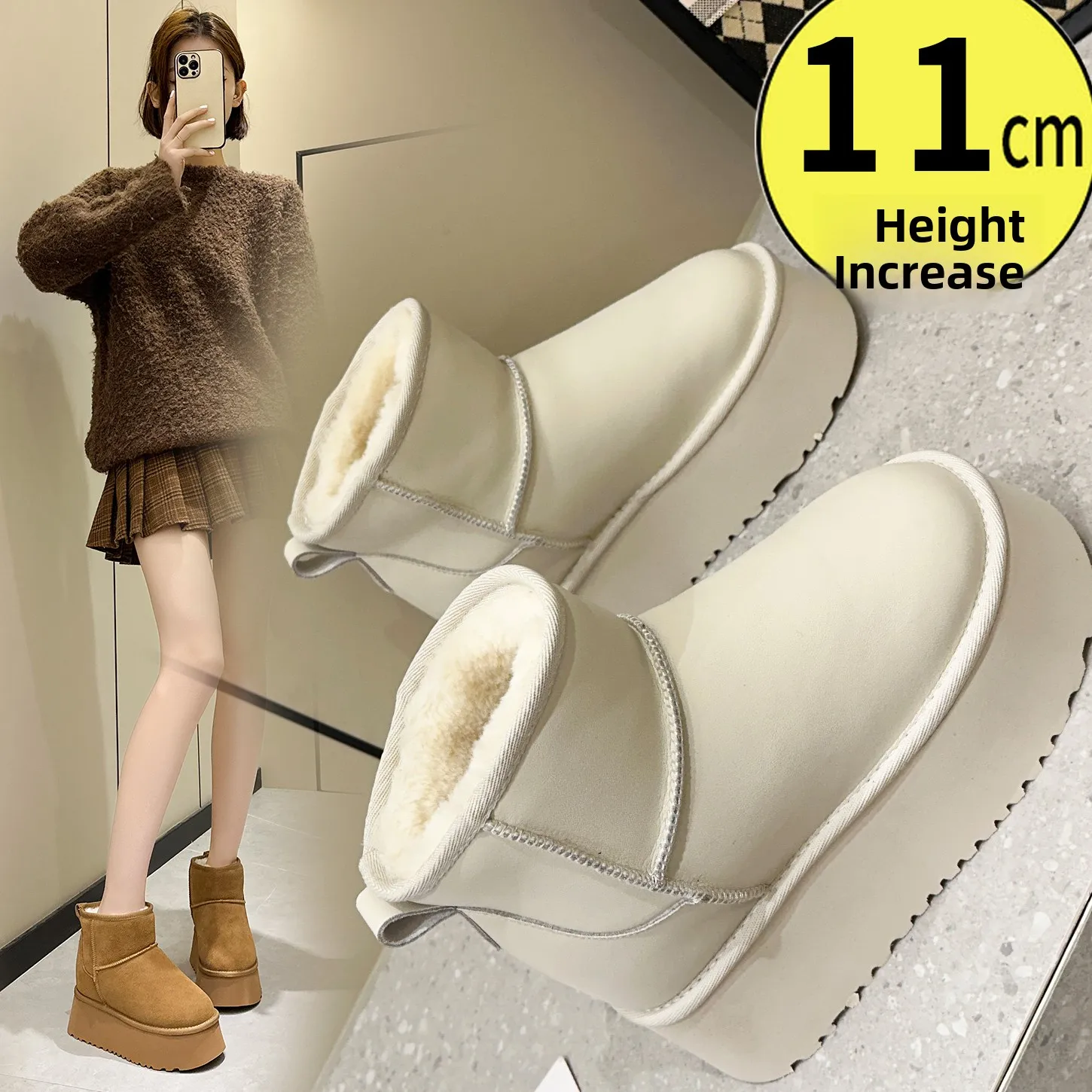 

Women's Snow Boots Increased Height CM Small Size White Genuine Leather Fce Thiened Warm Waterproof Bread oes Winter