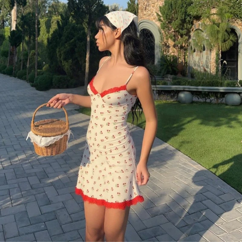 Streetwear Lace Print Pleated Straight Dress 2026 Summer Spaghetti Strap Mini Dress Casual Slim Backless Camisole Dresses Women