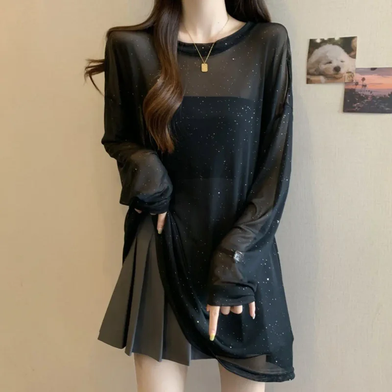 

Large Size Women Summer New Sequin Sunscreen Long-sleeved T-shirt Loose and Slim Versatile Top Trendy