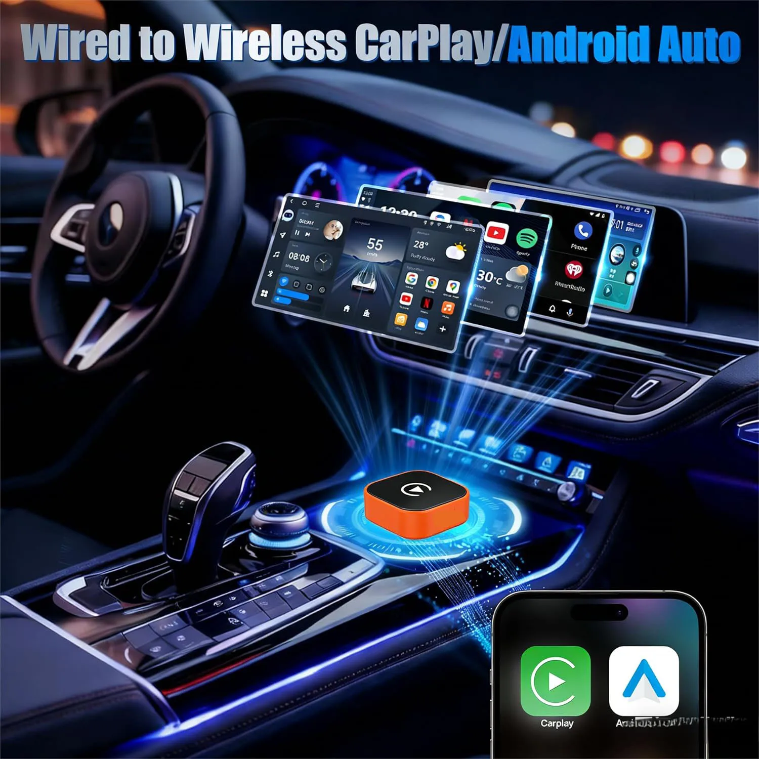 

Беспроводной адаптер 2-в-1 Mini CarPlay 2026 для Android Auto, Type-C, AI Smart Box, интеллектуальная система USB-C для проводного CarPlay в автомобиле