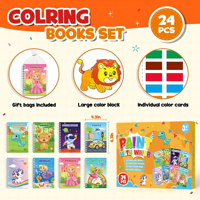 สมุดระบายสีภาษาอังกฤษพร้อมธีมสี สัตว์ และเจ้าหญิง หนังสือวาดภาพสีน้ํา 24 แพ็คสําหรับเด็ก