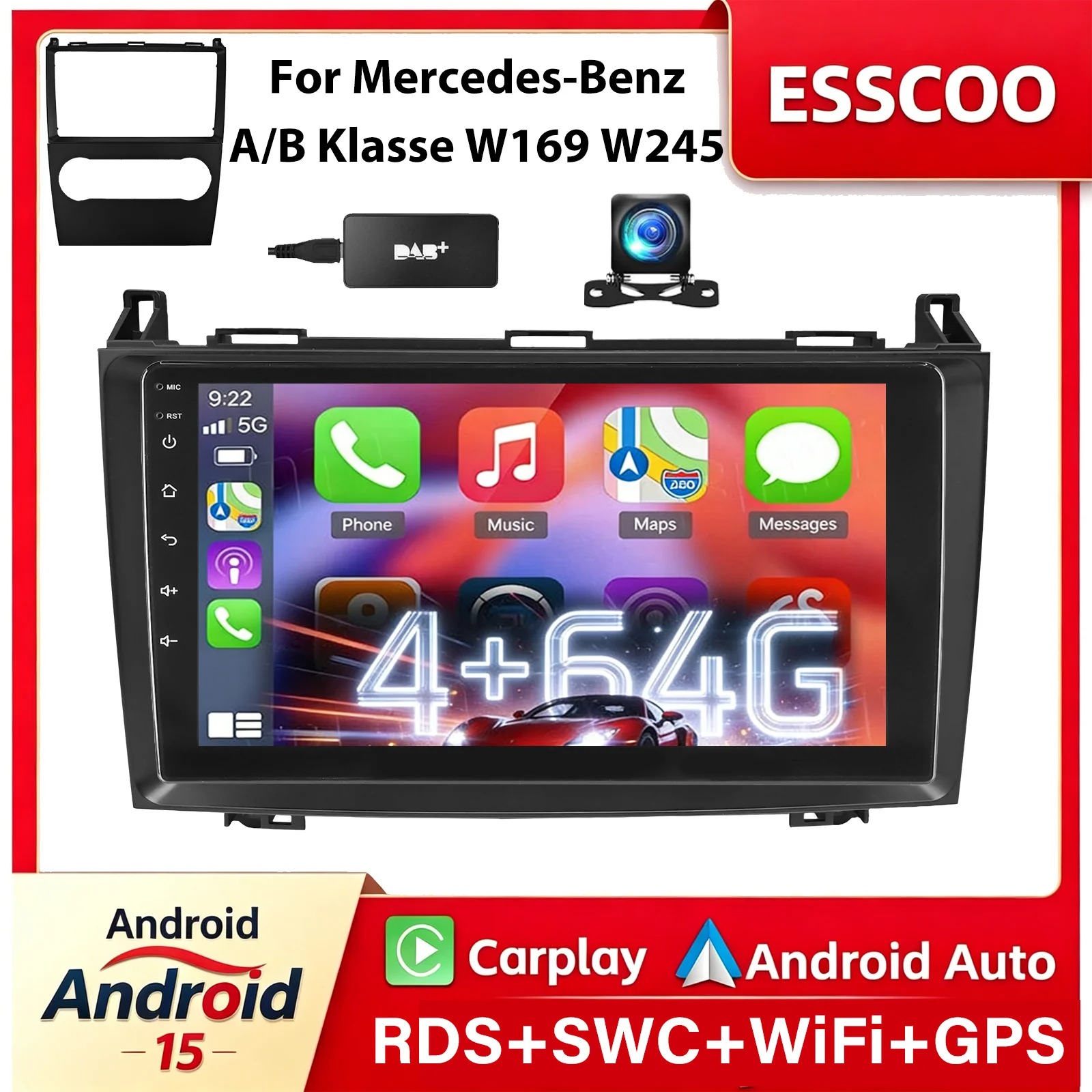 ESSGOO 6GB+128GB 9 Zoll Android 15 4GB+64GB Autoradio für Mercedes-Benz B200 A-Klasse B-Klasse W169 A160 A180 A200 A220 2009-2012 Navigation GPS 4G WiFi Unterstützung RDS AM/FM SWC Mit CANBUS Optional