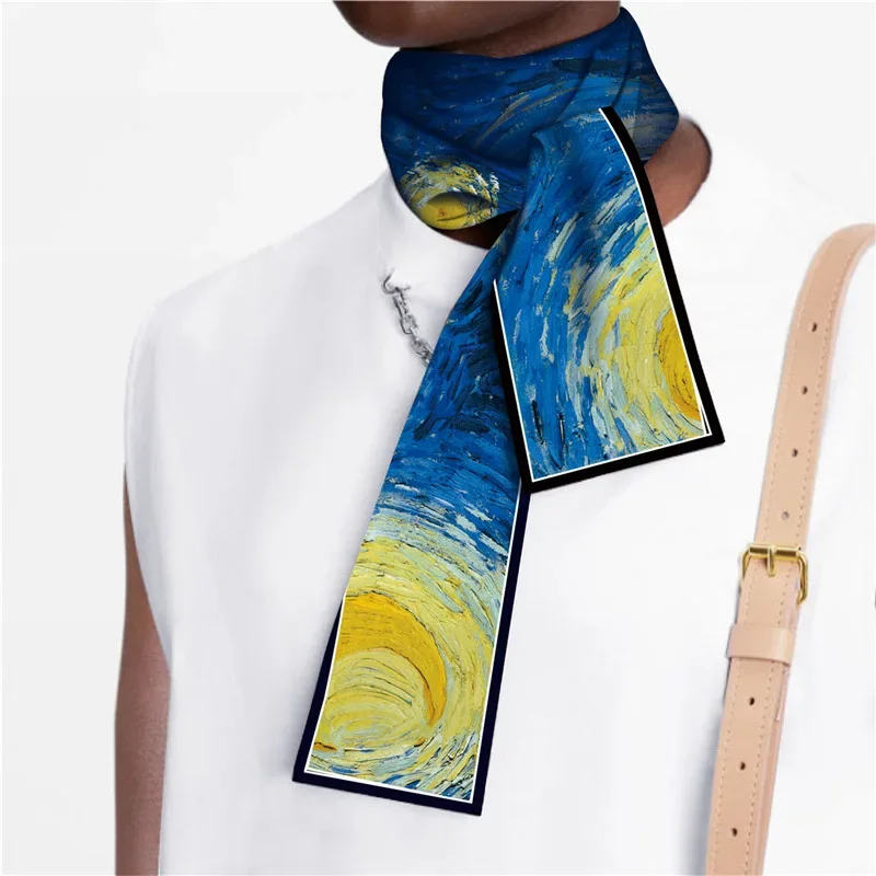 Spring and Autumn retro light oil painting graffiti double-layer satin long streamer flat-angle summer silk scarf women