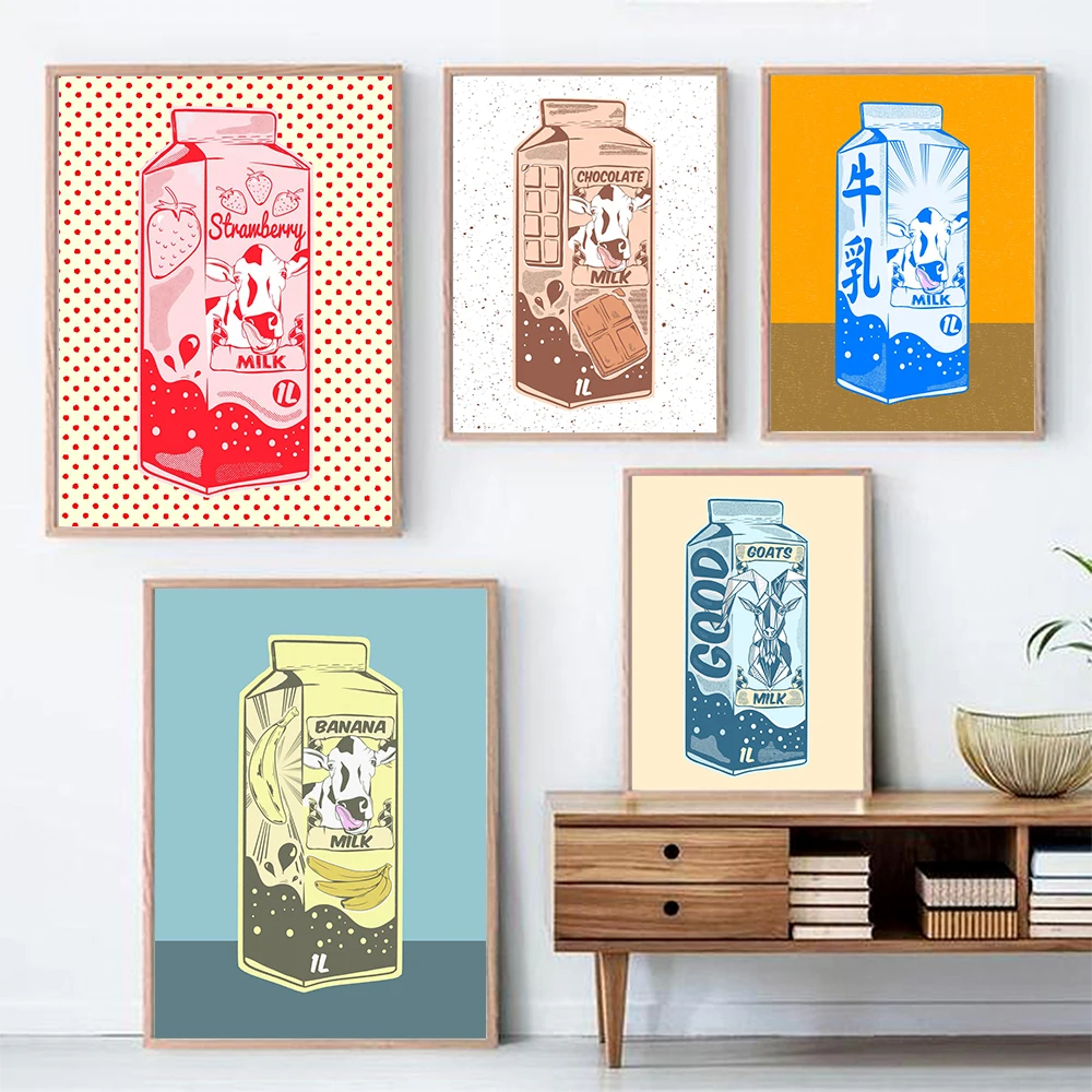 

Strawberry Milk Carton Mural Pictures Banana Goats Chocolate Milk Packaging Poster Canvas Printing Painting Kitchen Decoration