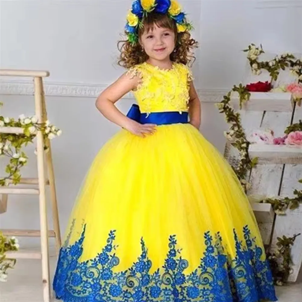 

Tulle Flower Girl Wedding Dress Sleeveless with Bow Appliques Lace Puffy Princess Kids Birthday Party First Communion Ball Gown