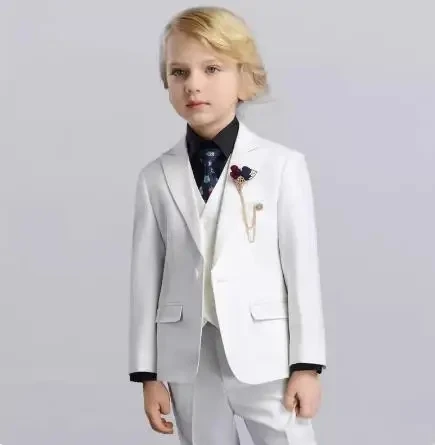 Boys Jacket Vest Pants 3PCS Ceremony Photograph Suit Kids Piano Performance Costume Children Luxurious White Baptism Party Dress