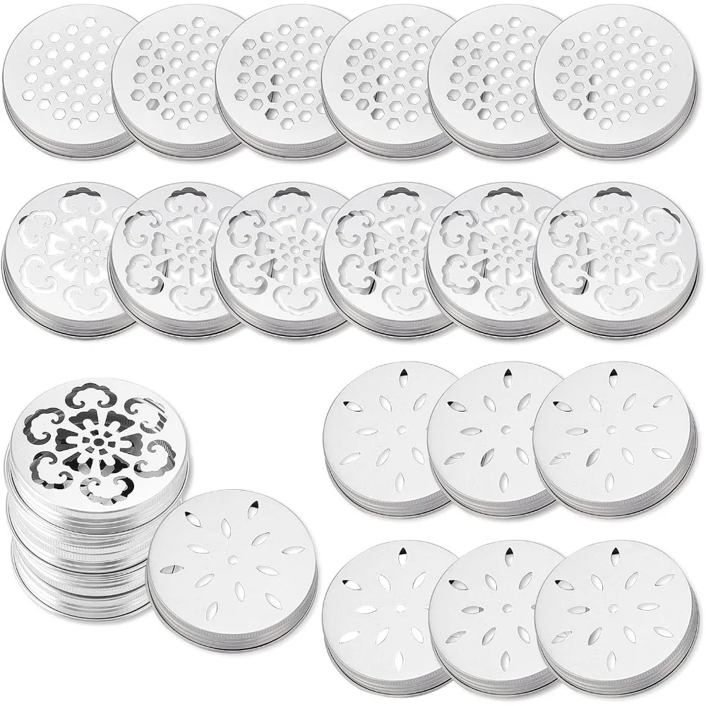 30pcs Aluminium Jar Lids Cover 3 Style Hollow Cover 2.6 Inch Candle Topper Shade Jar Lid for Candle Ball Canning Jars