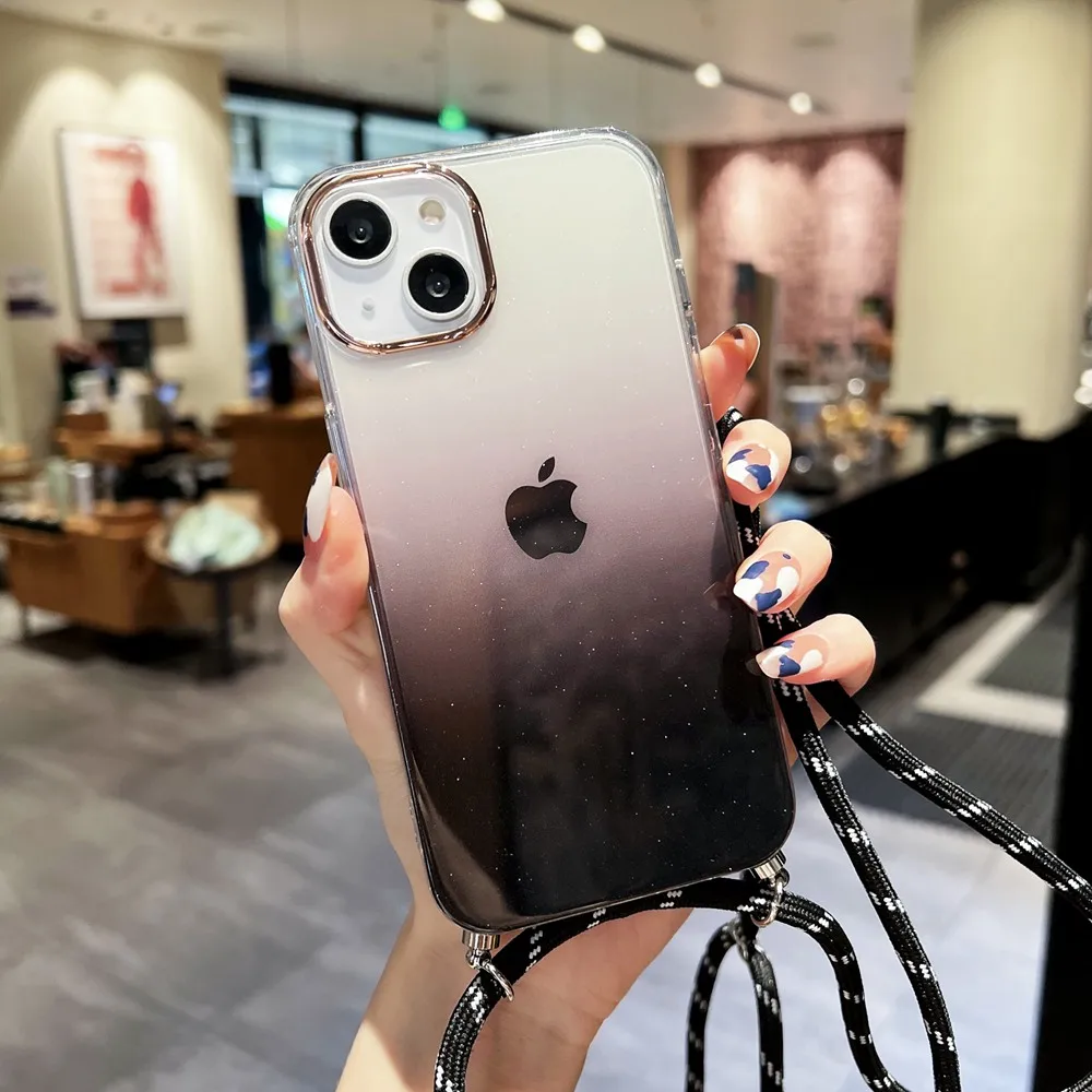 Electroplated Lens Frame Gradient Glitter Phone Case For iPhone 13 12 11 Pro Max Crossbody Necklace With Rope Lanyard Hard Cover