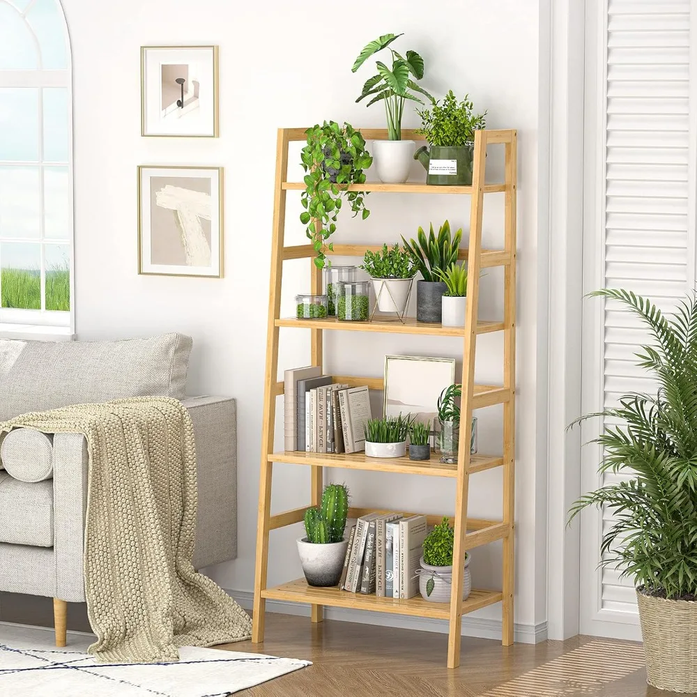 Bamboo Bookshelf 4-Tier Ladder Shelf, 49.2” Freestanding Open Bookcase Book Shelf Bathroom Storage Shelf Unit Plant Stand