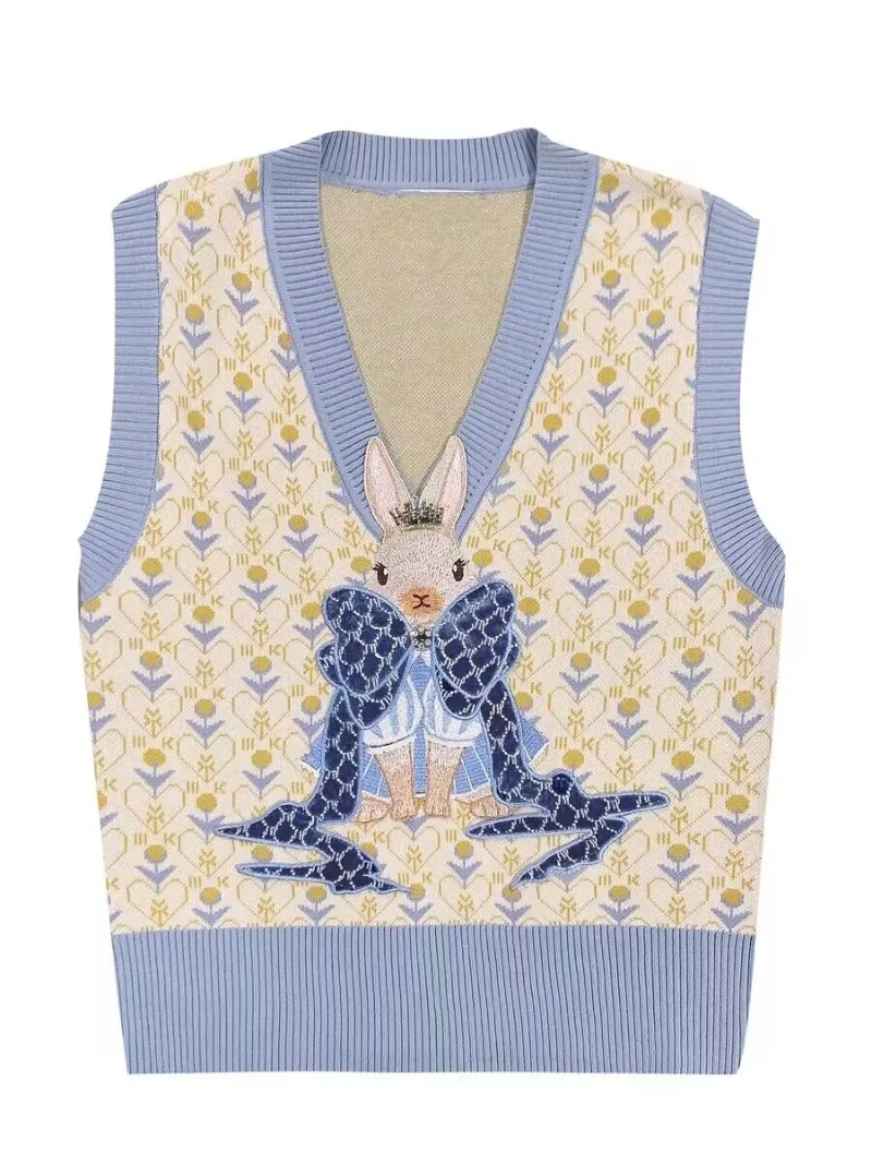 Kimotimo Vintage Rabbit Embroidery Print Knit Vest Women 2024 Autumn Winter V Neck Overlap Slim Sweater Fashion Outwear Pullover