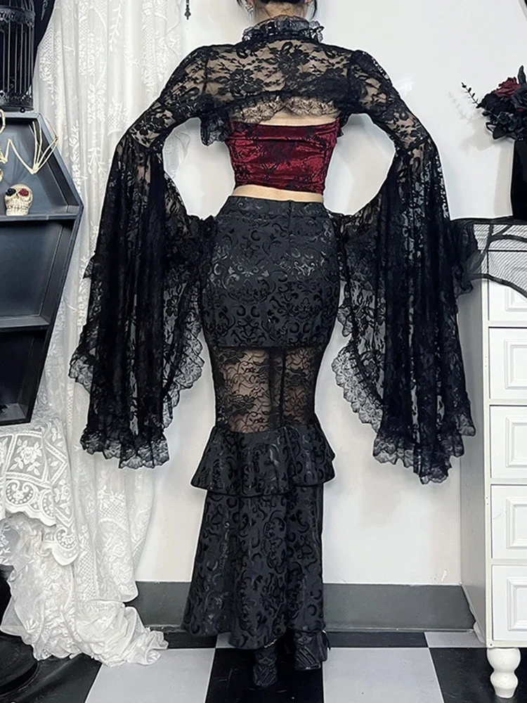 AltGoth Sexy Palace Style Lace Smock donna Vintage Dark Goth manica lunga Crop top Streetwear Emo alternativa All-match vestiti